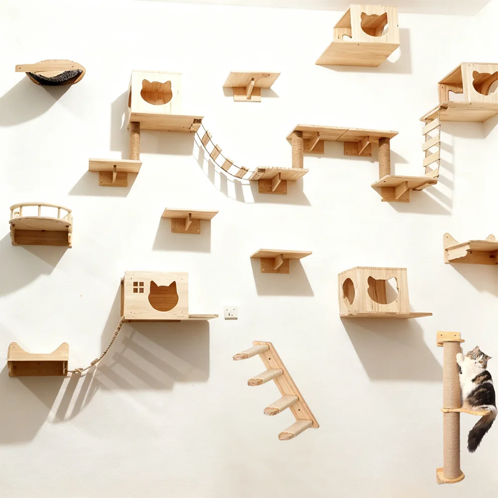 Estantes y perchas de pared para gatos, muebles para gatos montados en la pared con puente de hamaca, árbol para gatos y postes rascadores para gatos de interior