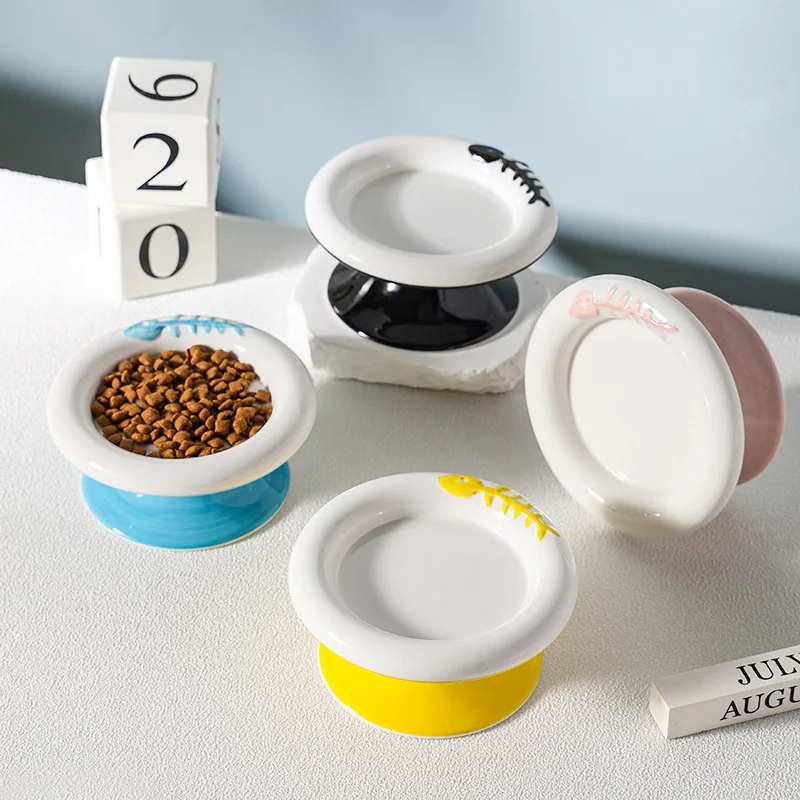 Cuenco de cerámica para mascotas de pie alto y bajo, diseño en forma de flor, alimentador poco profundo antirretorno para accesorios para perros y gatos - imagen 2