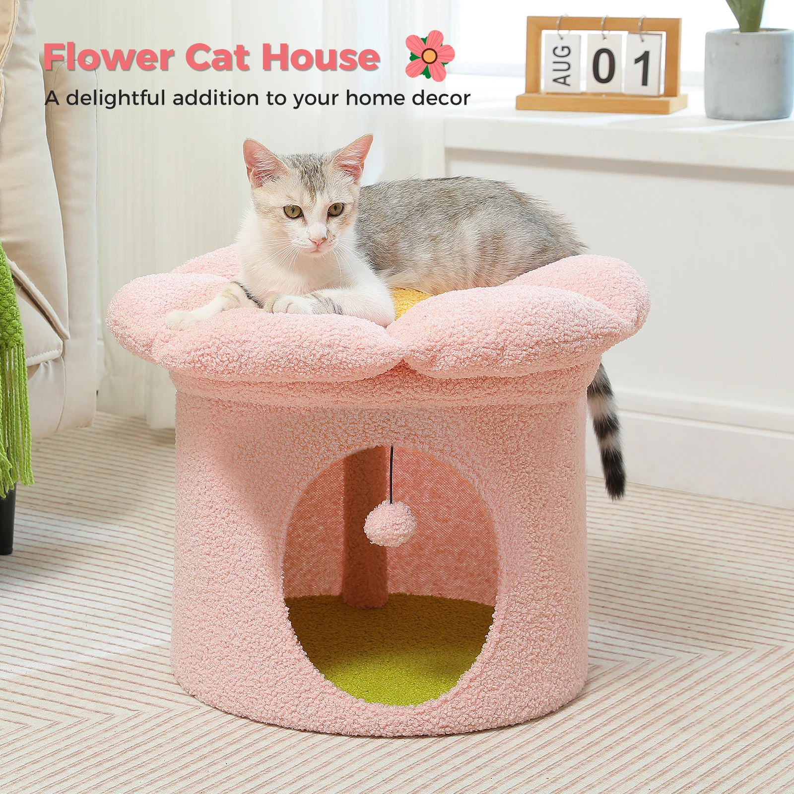 Casa para gatos de flores estable con bola colgante interactiva, percha extraíble, condominio súper grande, hermosa zona oculta para gatos de interior