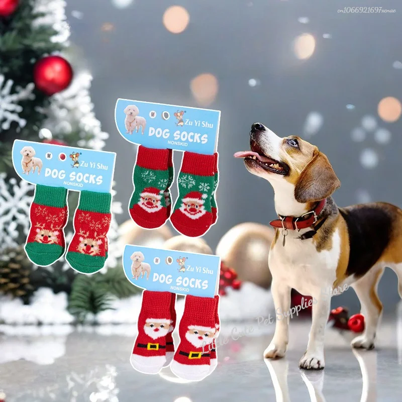 4 unids/set de calcetines navideños de punto para perros pequeños, zapatos para gatos, botas para Chihuahua para invierno, ropa interior cálida, Protector de pata sin cordones