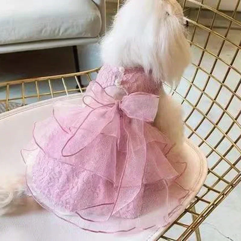 Vestido de princesa de encaje para mascotas, para perros pequeños, gatos, gasa transpirable, traje ligero con lazo para verano, ropa de fiesta de boda