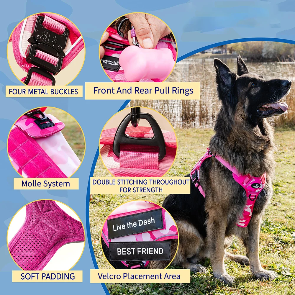 Arnés militar reflectante rosa para perros, chaleco táctico con 4 hebillas de Metal para perros grandes, correa ajustable para el pecho para entrenamiento y paseos