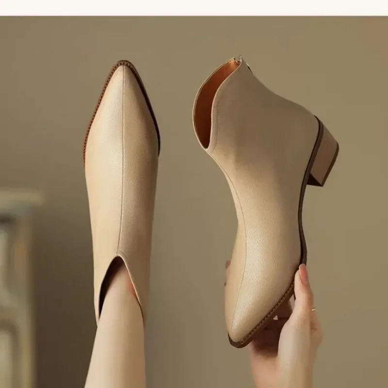 Botas de cuero partido para mujer, zapatos de tacón grueso con punta puntiaguda, botas cortas con cremallera Retro, botines de color albaricoque, novedad de otoño - imagen 5