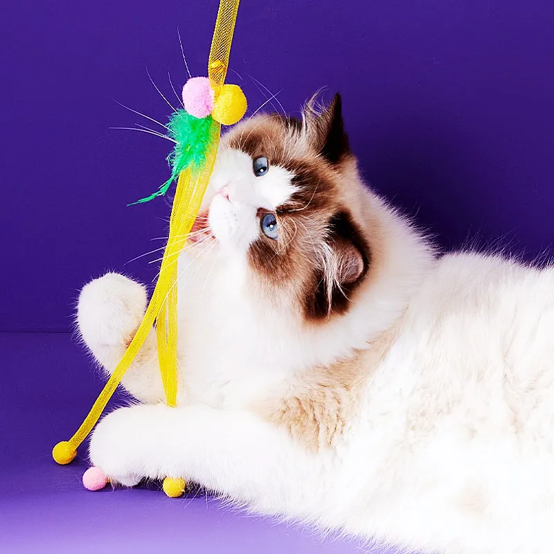 Juguete para gatos con plumas, palo elástico para gatos, juguetes interactivos con mango largo, juguete para gatos con campana, juguetes de plumas de primavera para gatos - imagen 3
