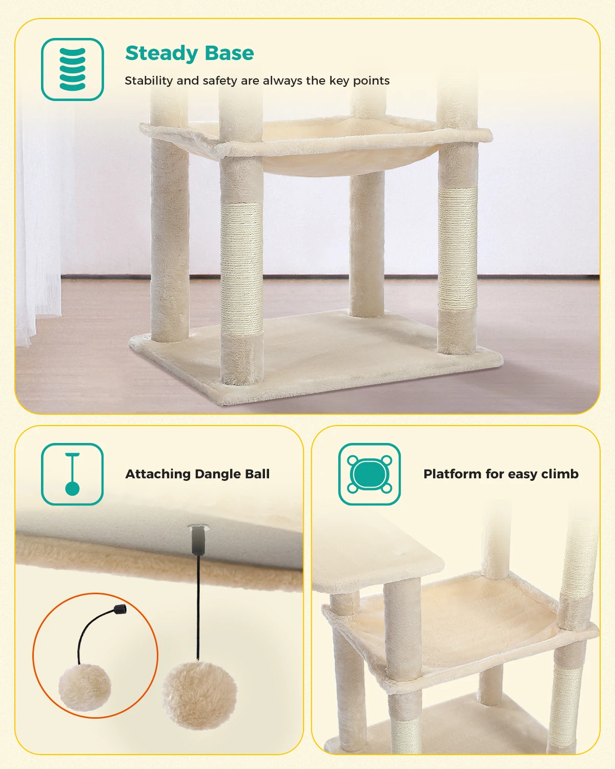 Árbol de felpa para gatos, Torre multinivel con postes para rascar de Sisal, hamaca espaciosa y mejora de consolas grandes - imagen 3