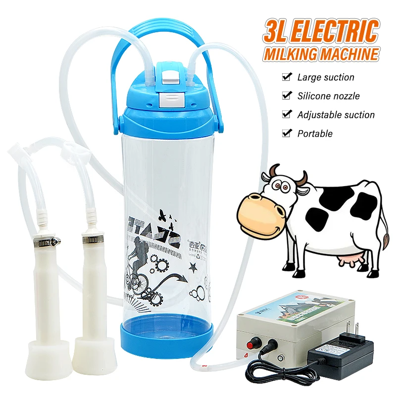 Ordeñadora eléctrica de vaca y cabra, bomba de vacío automática, ordeñadora de doble cabeza con botella de plástico, 3L
