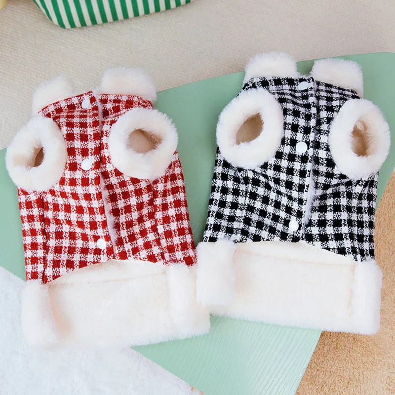 Chaqueta con cuello de piel de lujo para invierno, ropa de manga corta roja y negra para perros pequeños, disfraces con anillo en D para perros salchicha y Yorks, abrigos para mascotas, chaquetas - imagen 2