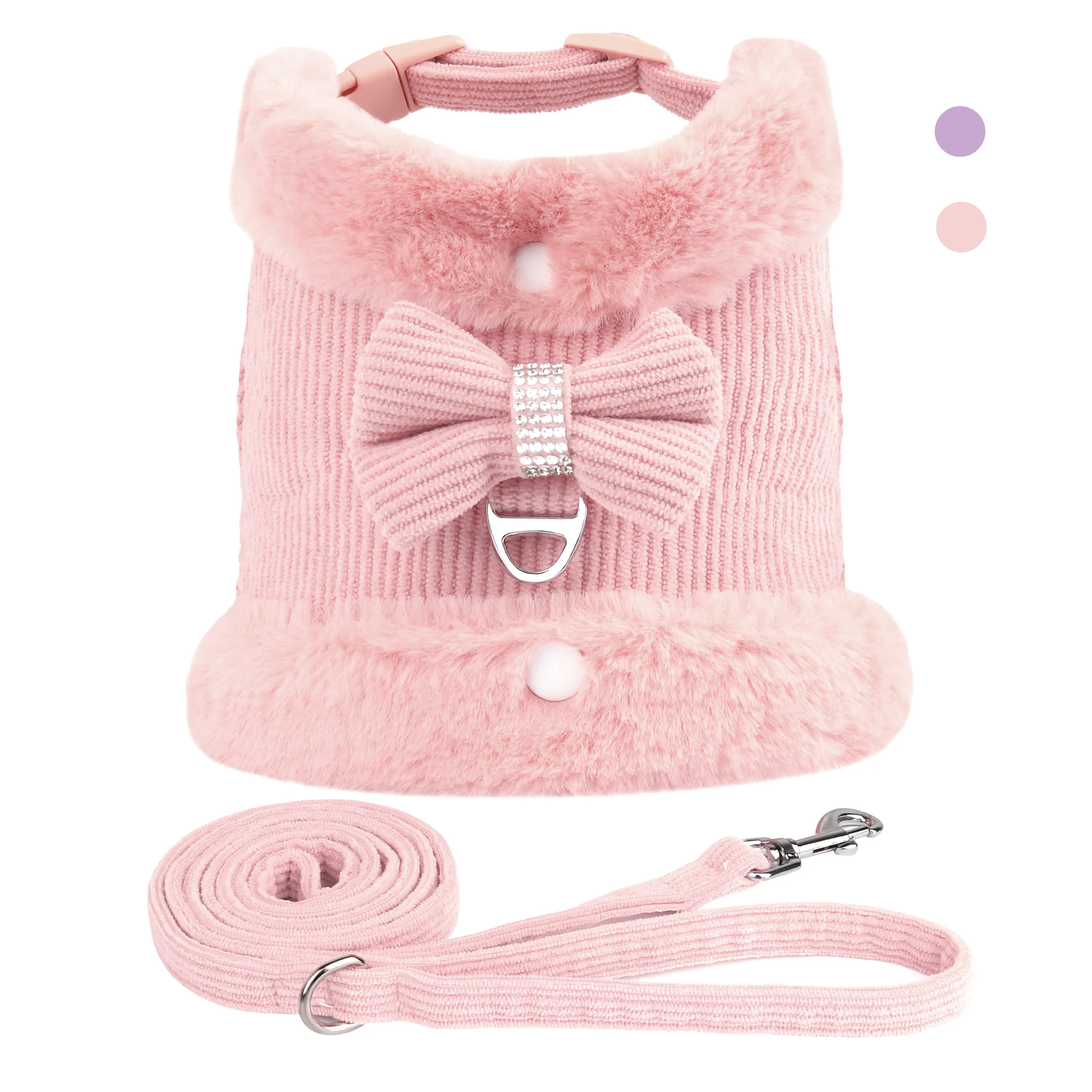 Conjunto de correa de arnés para perro cálido de invierno, bonito pajarita para perros y gatos, chaleco, ropa para mascotas Chihuahua con Cuello de piel para Pug Bulldog - imagen 2