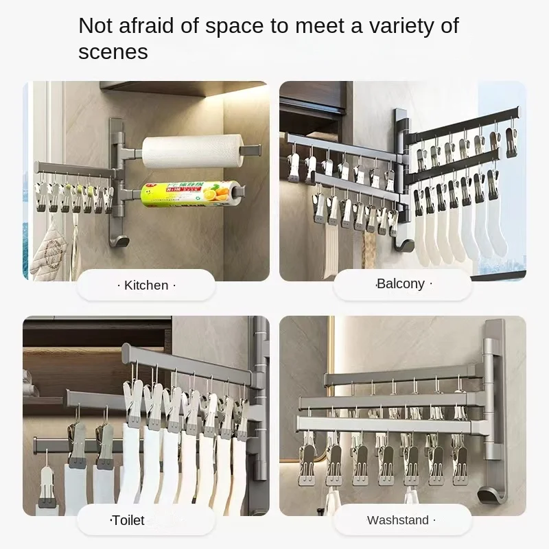Ganchos de pared para baño, estante de secado de calcetines plegable y giratorio, balcón, ropa interior para el hogar, ganchos multifuncionales, barra de toalla, colgador - imagen 5