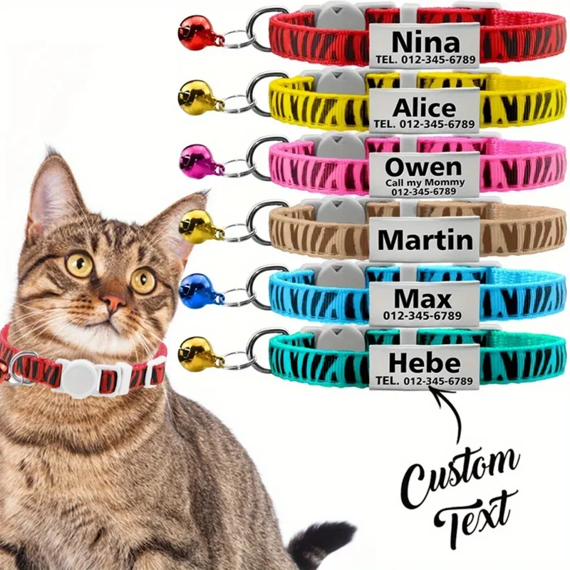 Collar de gato con estampado de cebra personalizado, Collar con placa de identificación de mascota para cachorro y gatito grabado gratis con campana antipérdida para gatos - imagen 2