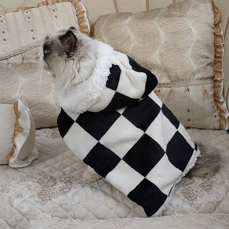 Sudadera con capucha a cuadros para otoño/invierno, colcha para mascotas con vestido cálido de terciopelo, manta para perros, ropa de dormir para mascotas, ropa para perros pequeños - imagen 3