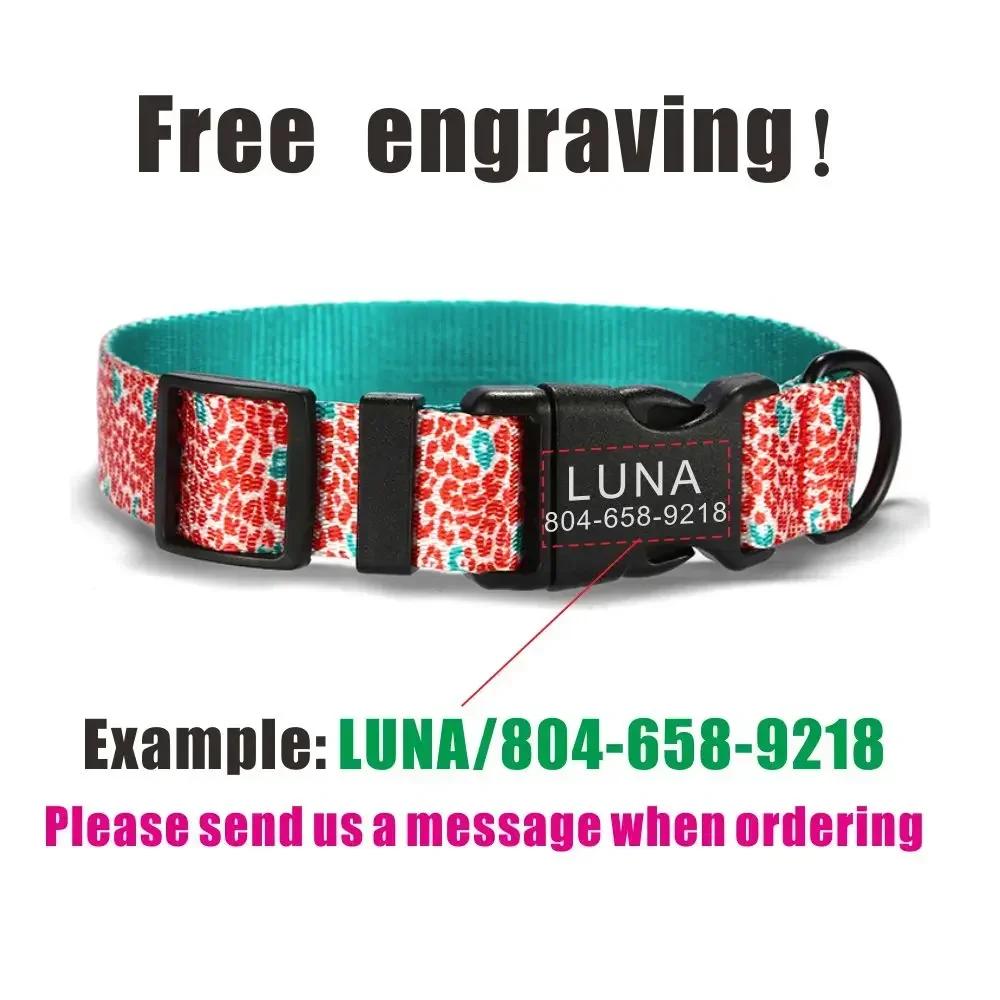 Collar de perro personalizado con grabado gratuito, correa para mascotas a juego, hebilla de contactos personalizados, Collar para mascotas de gato de leopardo rojo - imagen 4
