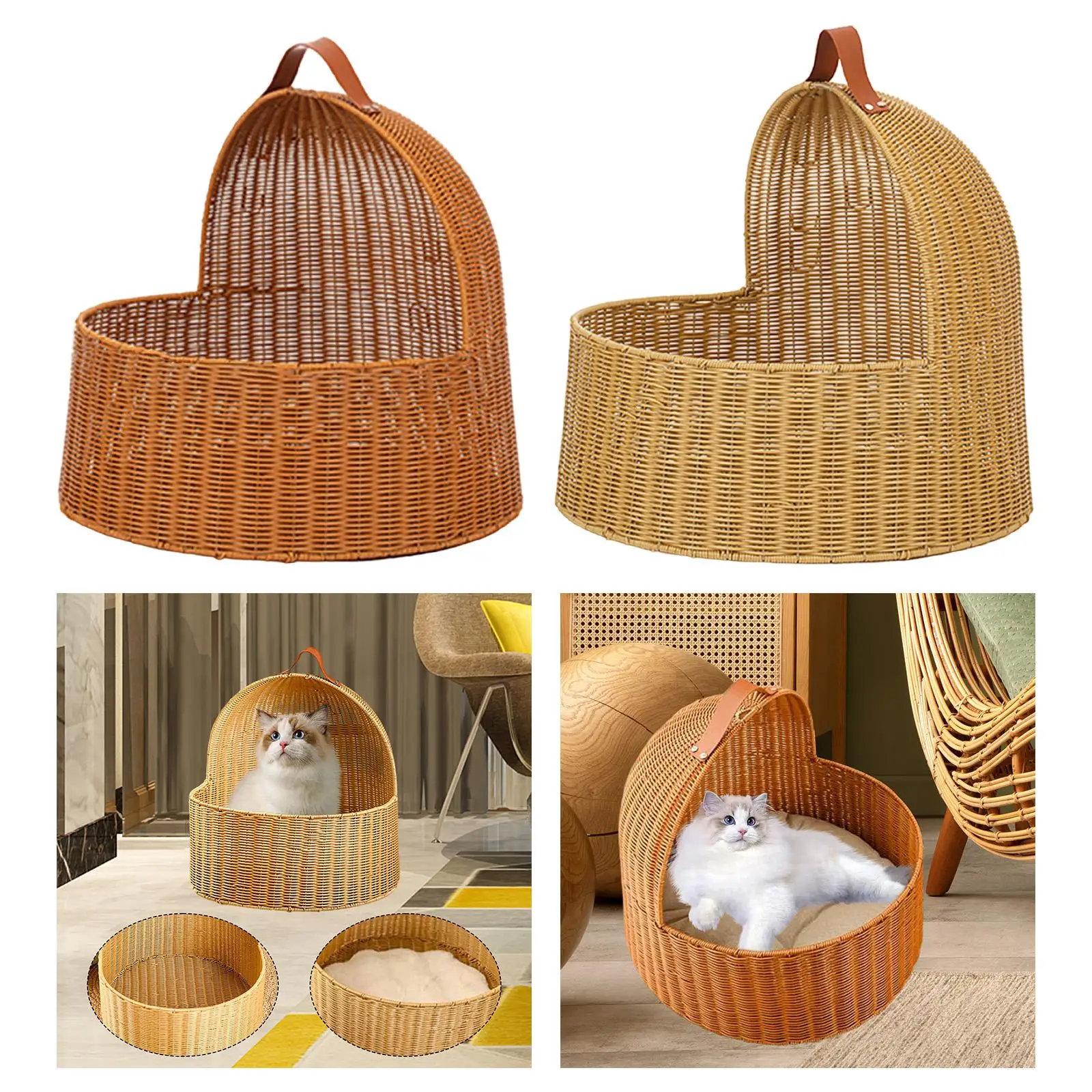 Cama mimbre de imitación para gatos con asa y cojín – Portátil - imagen 4