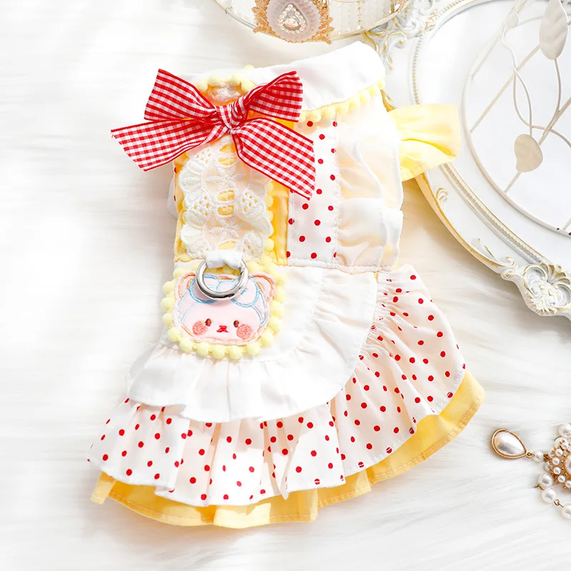 Ropa para perros primavera y verano vestido fino de princesa para gatos punto rojo oso amarillo tracción Lolita suministros para mascotas para perros pequeños - imagen 5