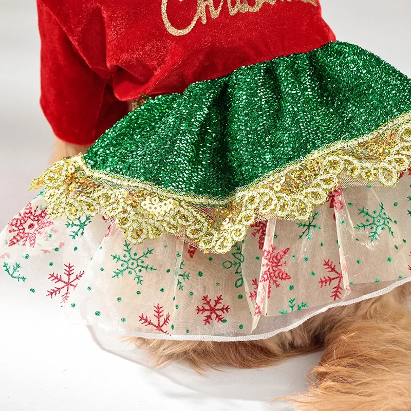 Ropa de fiesta cálida S-XL vestido navideño para perros tutú de terciopelo con purpurina y encaje, traje de invierno rojo/verde para mascotas para perros pequeños y medianos, - imagen 5