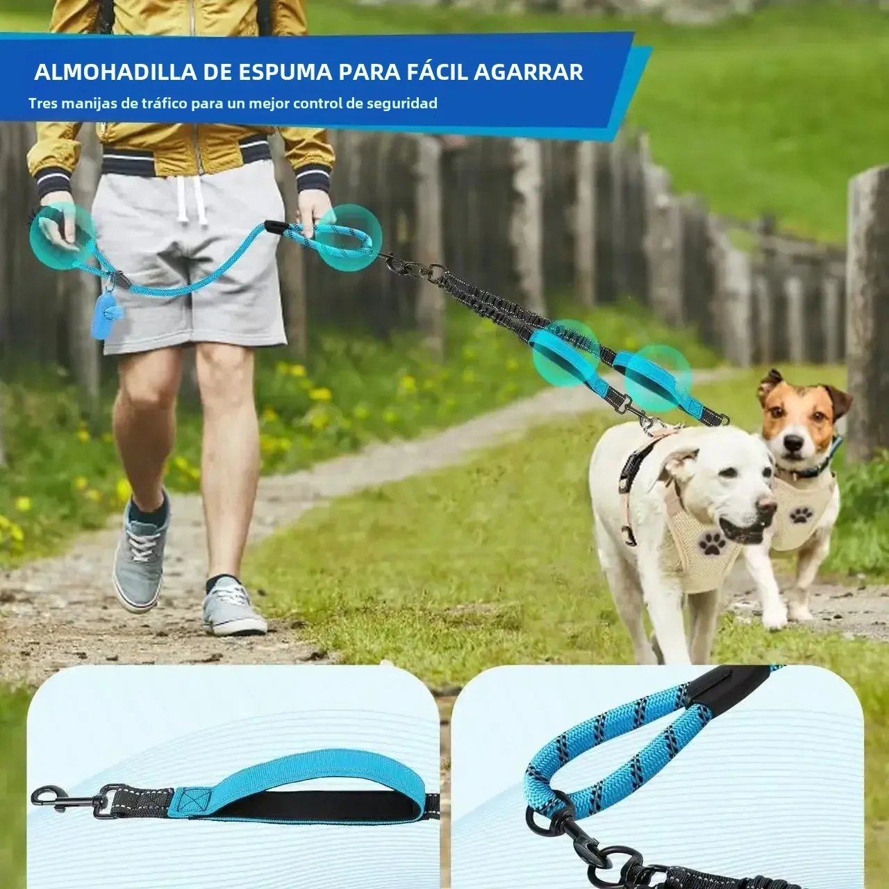 Correa doble reflectante para perros con dos asas extra para el tráfico: correa doble para caminar para perros giratoria 360 sin enredos, cómoda absorción de impactos - imagen 2