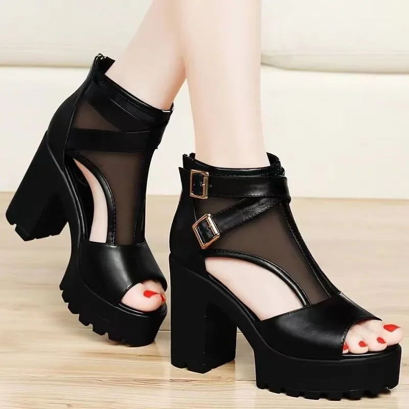 Sandalias De tacón alto con suela gruesa para Mujer, zapatos transpirables De malla con boca De pez a la moda, novedad De verano, 2024 - imagen 2