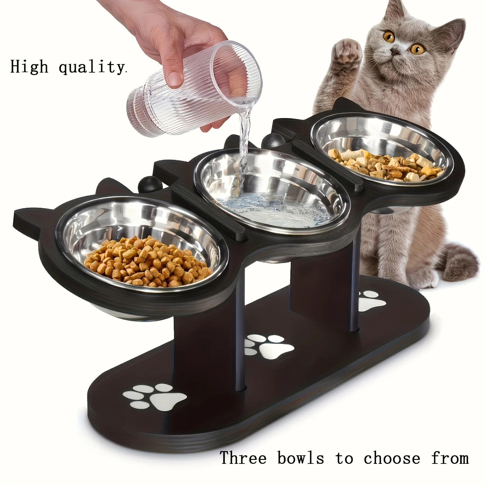 Cuenco elevado inclinado ajustable para gatos de 15 grados, cuenco elevado para comida para perros con 3 soportes de acero inoxidable, fácil de montar, fácil de limpiar