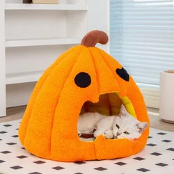 Cama cálida para gatos semicerrada calabaza Halloween otoño invierno