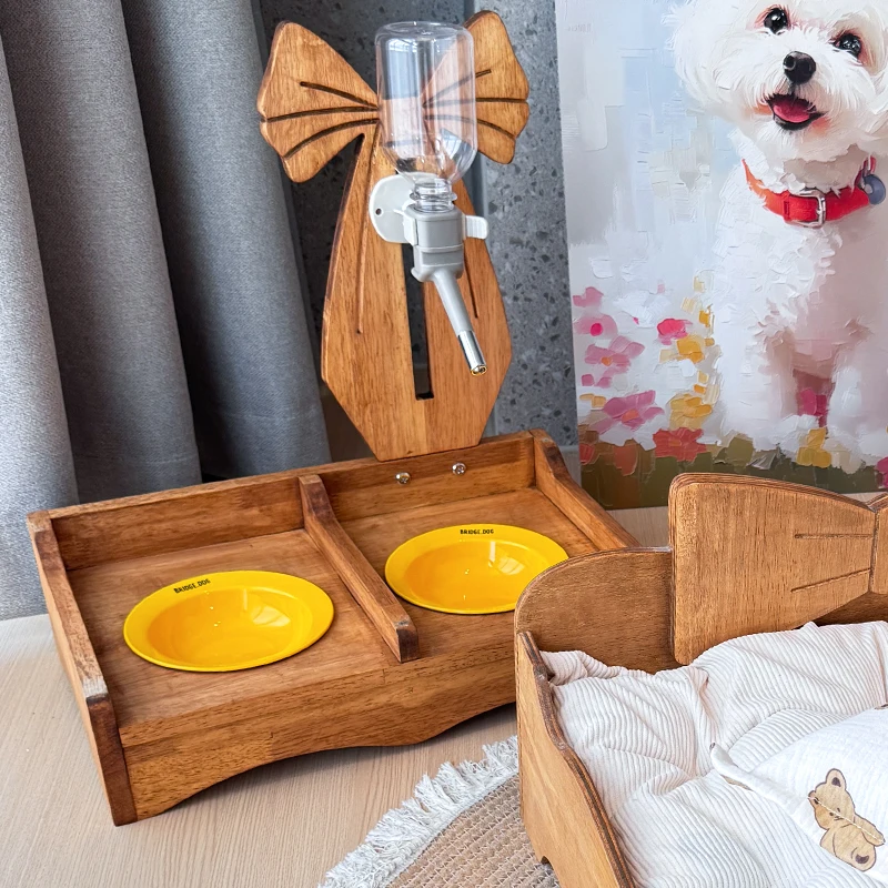 Dispensador de agua Vertical de madera maciza para mascotas, dispensador de cuencos ajustable, protege el Cervical, accesorios de productos de alimentación para animales pequeños