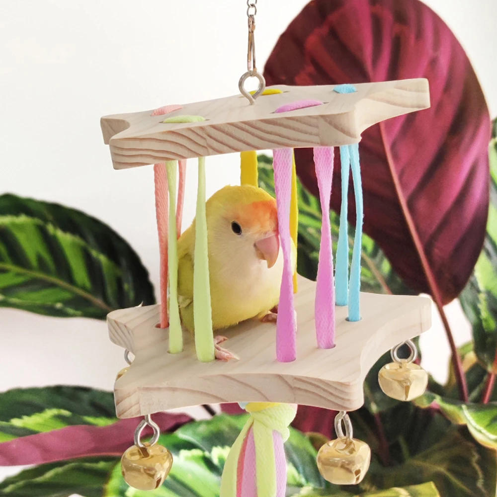 Juguete para masticar pájaros de madera de Color aleatorio, columpio colgante con campanas para mascotas, loros, pico, molienda, accesorios para jaulas de pájaros, 1 ud. - imagen 5