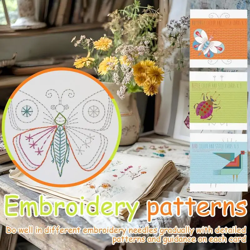 Diseños de bordado Diseños de papel de práctica de bordado Tarjetas de práctica de costura Juego de 9 con instrucciones fáciles de instalar para adultos - imagen 2