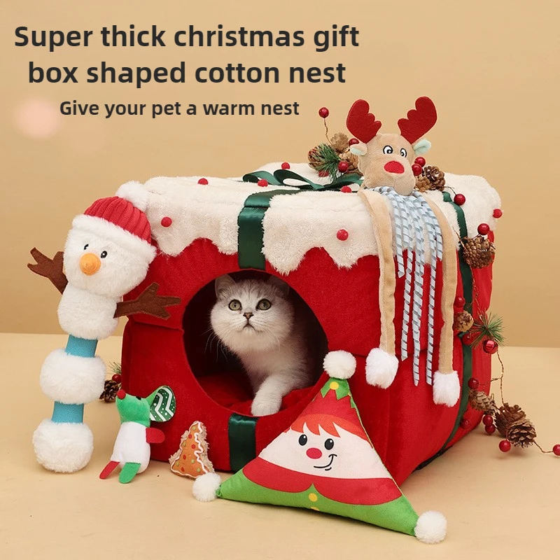 Caja de regalo de Navidad, arena para gatos, una arena, nido para mascotas completamente cerrado de doble propósito, perrera cálida de invierno
