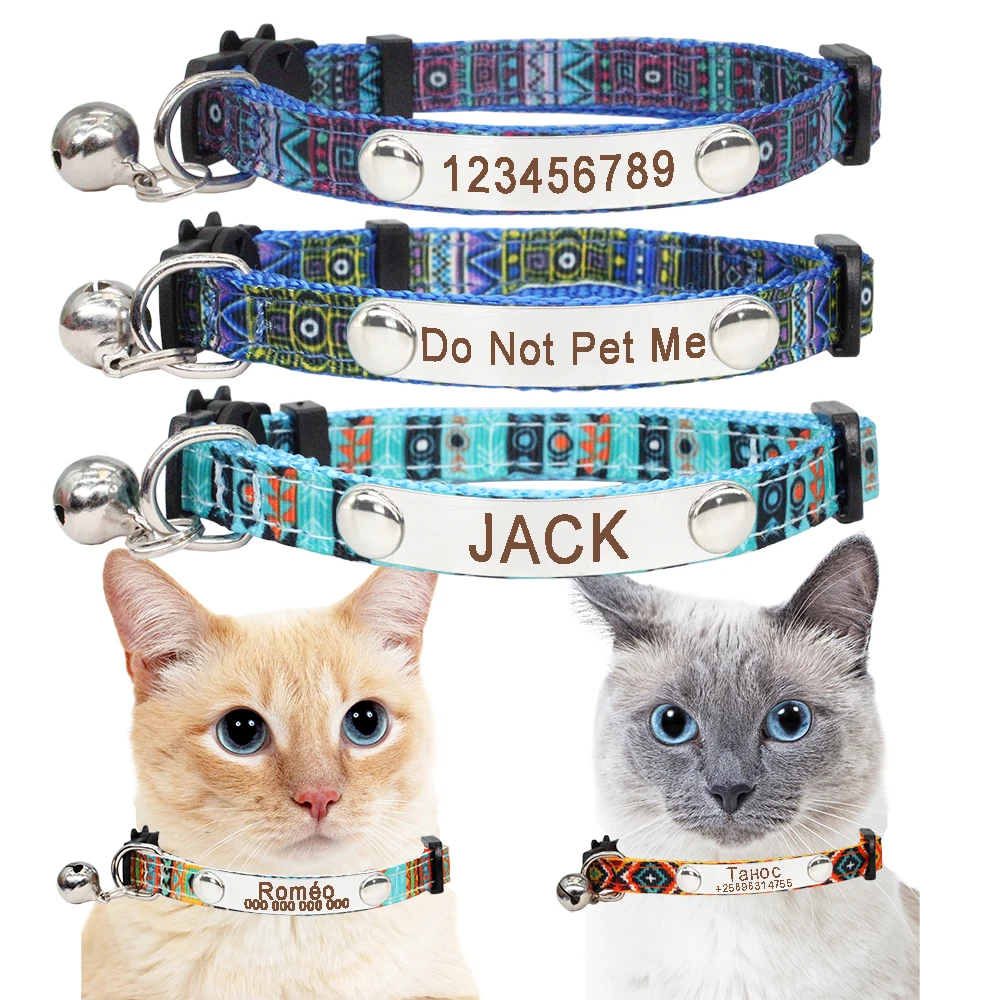 Collar de hebilla de seguridad de gato de identificación personalizada, estilo bohemio, placa de identificación personalizada ajustable, Collar de nailon de acero inoxidable con grabado gratis - imagen 2