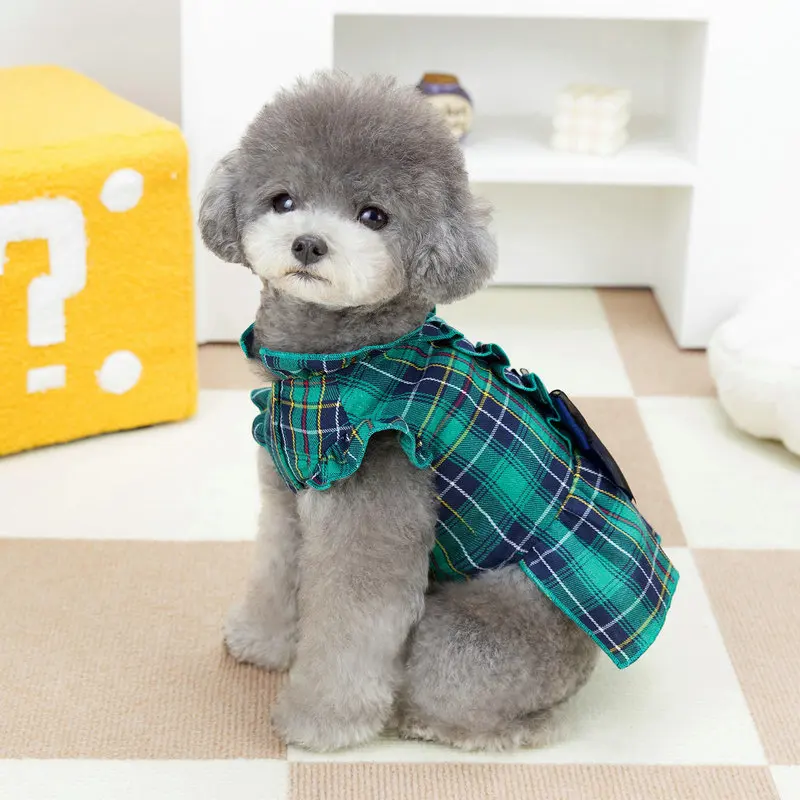 Vestido a cuadros con lazo para perros pequeños, ropa para cachorros con volantes para niñas, trajes para perros de primavera y verano, vestidos con arnés con volantes para perros y gatos - imagen 3