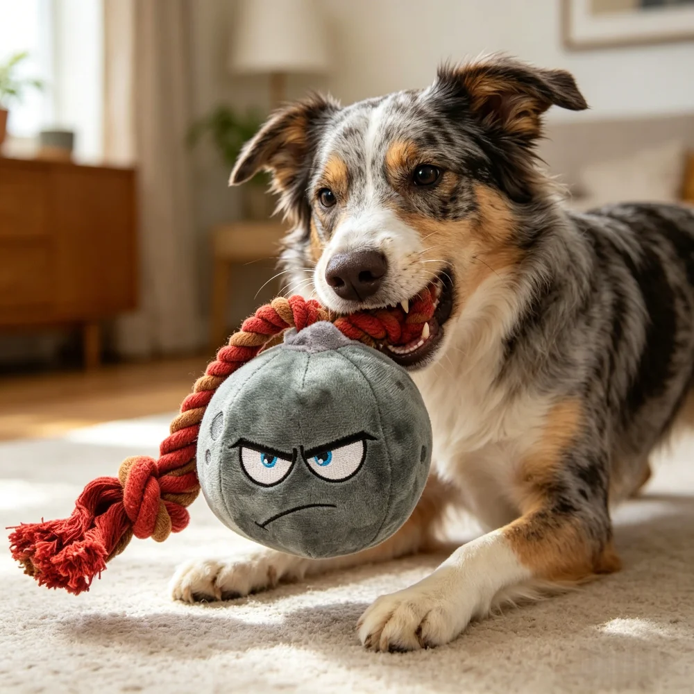 Juguete de peluche para perro con forma de granada y cordón de jalar