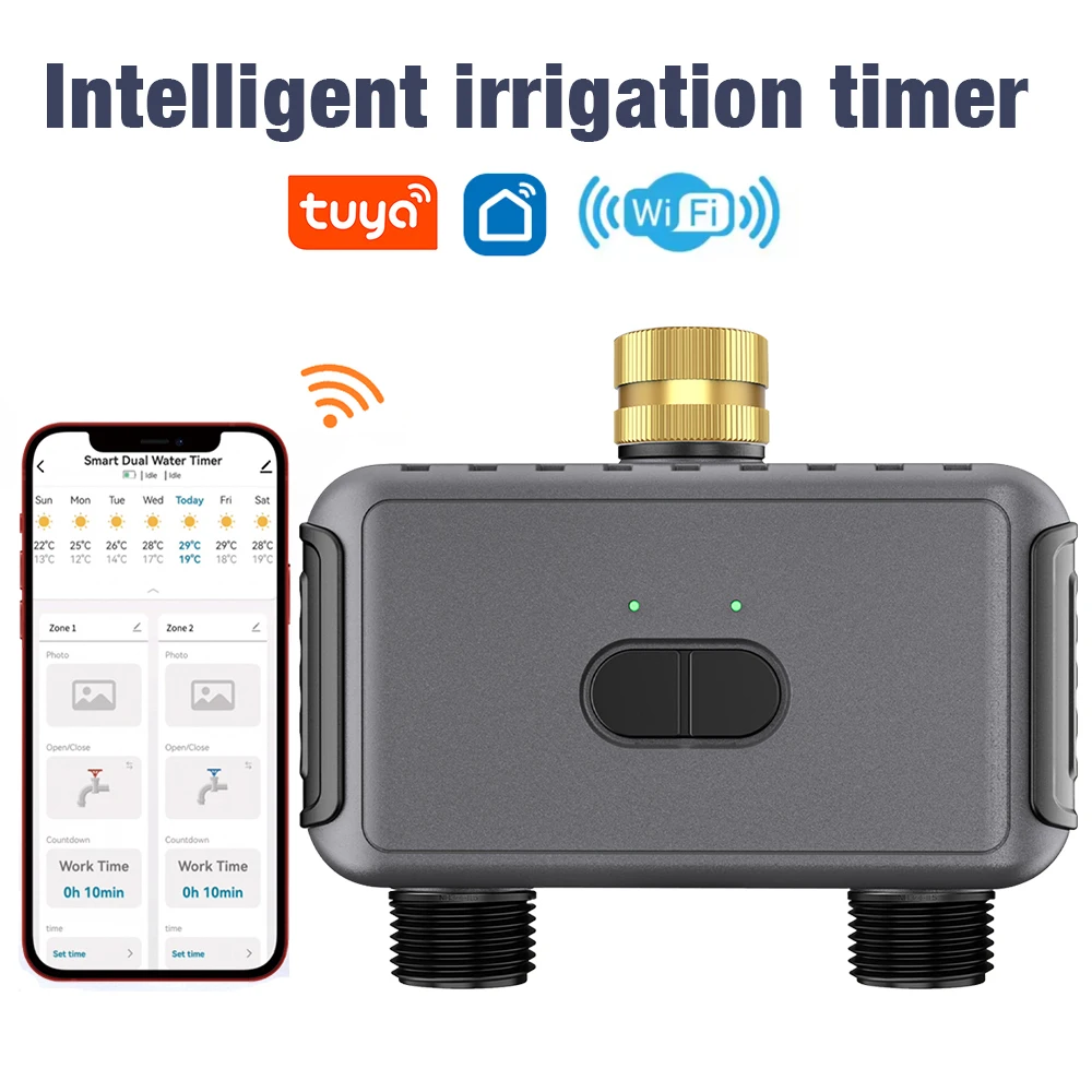 Temporizador de agua inteligente Tuya WiFi, 2 salidas, temporizador de aspersor, sistema de riego de jardín, controlador de riego por goteo, programador de retardo de lluvia