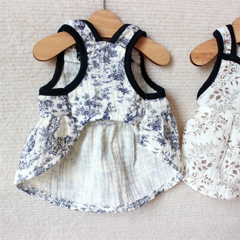 Vestidos de verano de algodón antiguo para cachorros, cuello en V, estampado de tinta, ropa para perros pequeños y medianos, chaleco con pajarita Floral, vestidos transpirables para gatitos - imagen 4