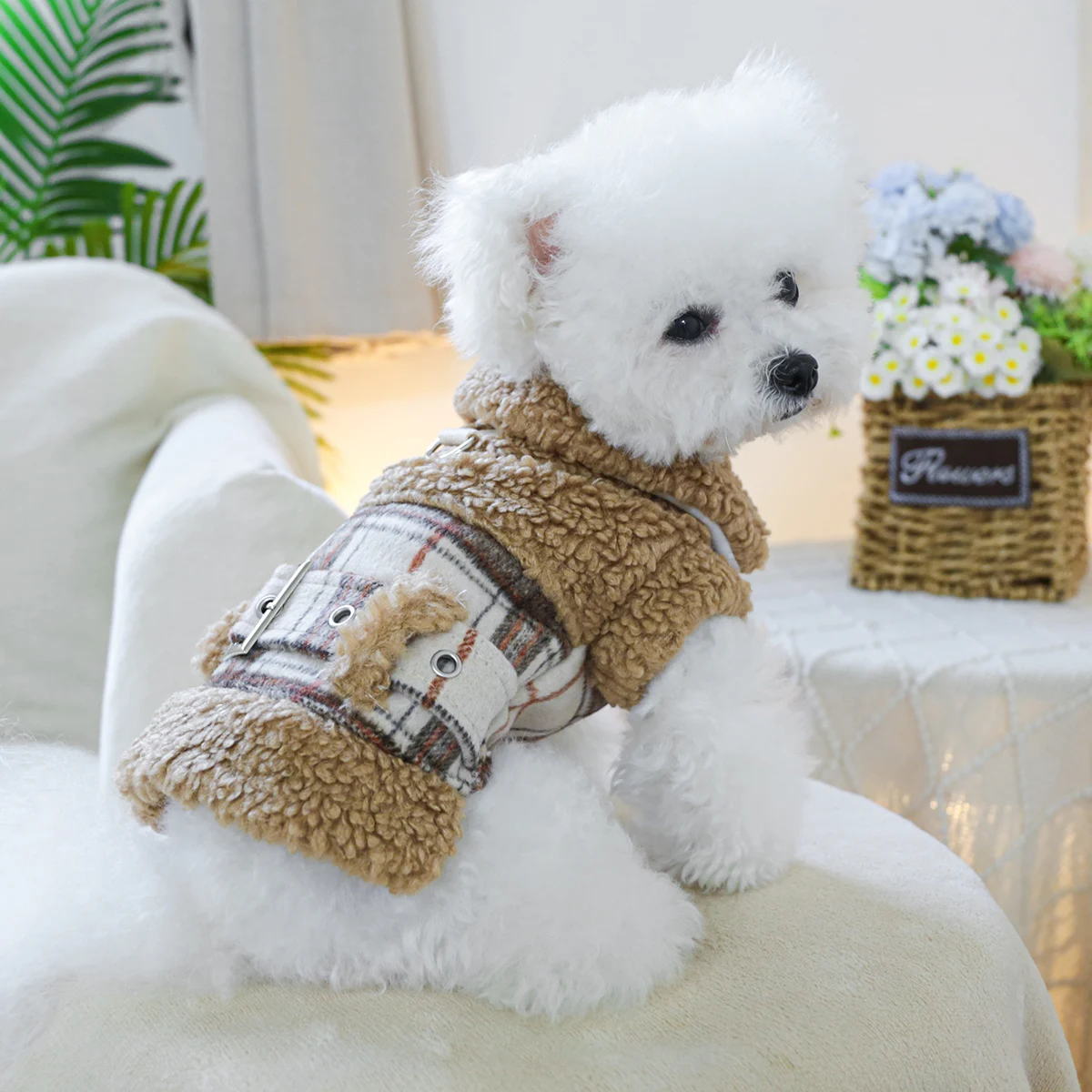 Chalecos clásicos sólidos para perros, ropa gruesa marrón cálida a cuadros británicos para perros, chaquetas para perros pequeños y medianos, ropa de otoño para gatos, tracción - imagen 3