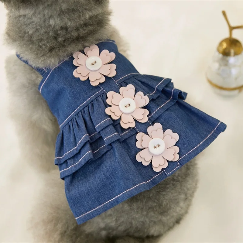 Vestido vaquero de primavera para mascotas, bonito chaleco con botones de flores, diadema con lazo para perro, ropa para perros pequeños