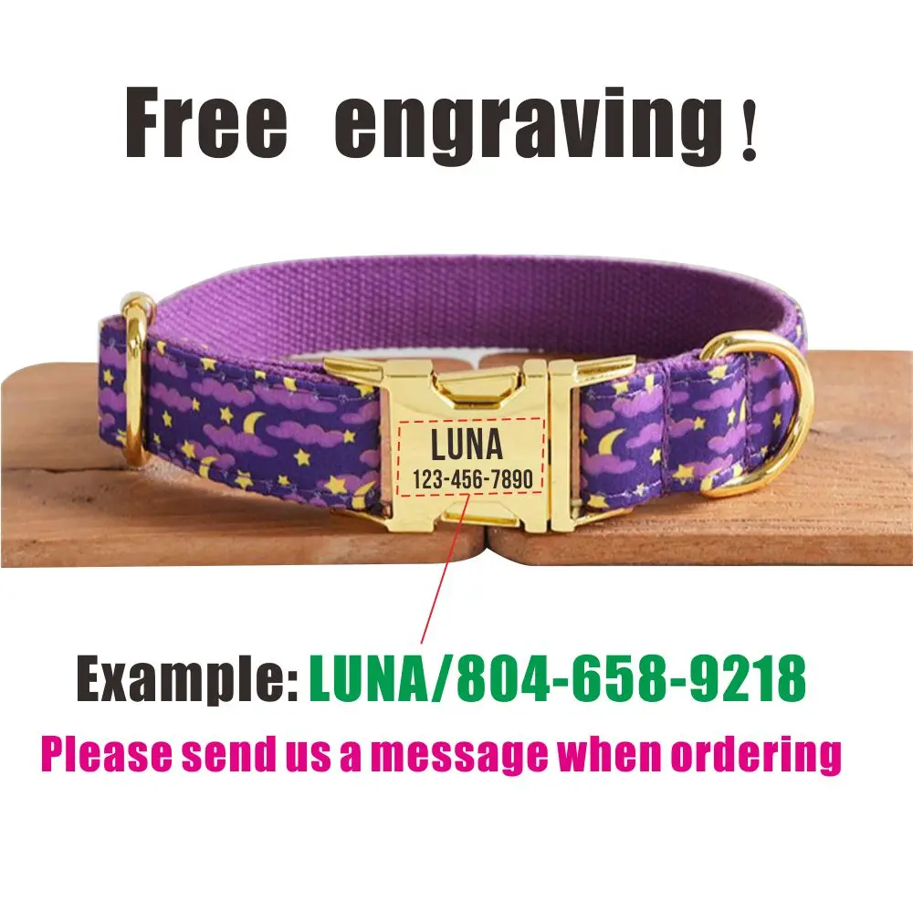 Collar de perro personalizado con grabado gratuito, correa para mascotas a juego, hebilla de Metal de contactos personalizados, Collar de noche morado con luz de luna - imagen 4