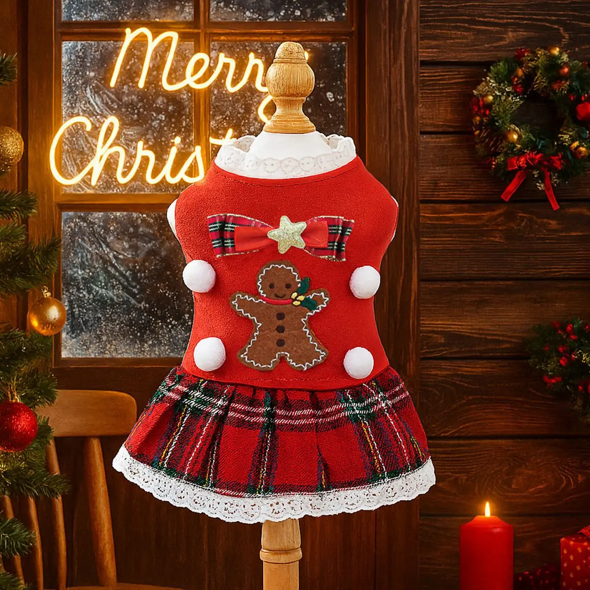 Vestido de Navidad de otoño/invierno para mascotas, vestido a cuadros rojo con bonito gatito para mascotas de Halloween, vestidos para perros pequeños, ropa para cachorros - imagen 3