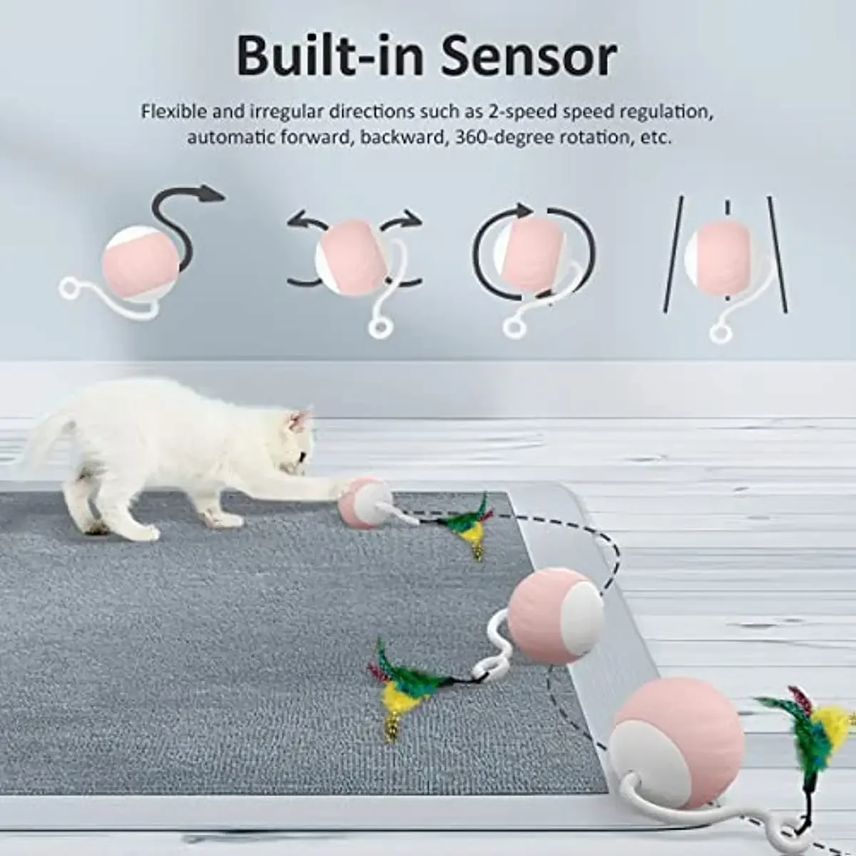 ATUBAN Juguete robótico inteligente para gatos, juguetes para gatos de interior, bola móvil automática con juguetes para gatitos de plumas en paquete. Recargable por USB - imagen 2
