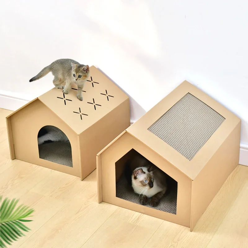 Casa de cartón para gatos con almohadillas para rascar, casa de juegos para gatos de interior, caja rascadora corrugada, juguete para rascar gatos - imagen 2