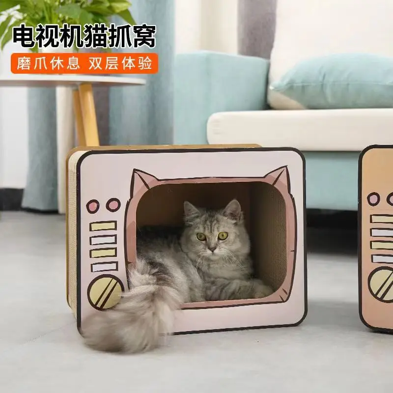 Rascador retráctil para gatos con forma de televisor y papel corrugado