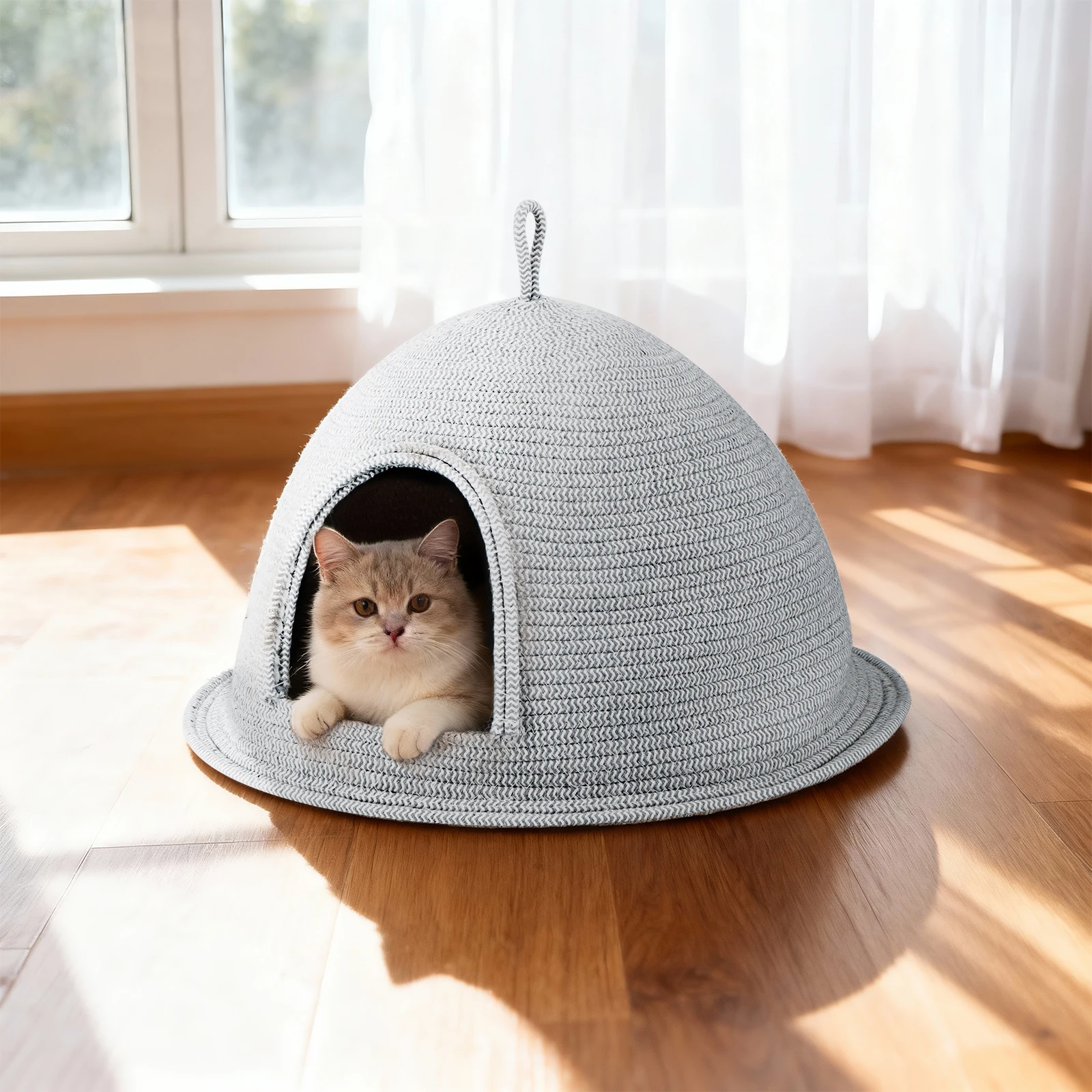 Rascador de cama para gatos, tejido de lino y algodón, nido para gatos, gatitos, cachorros, cama para dormir segura y cálida semicerrada con asa - imagen 3