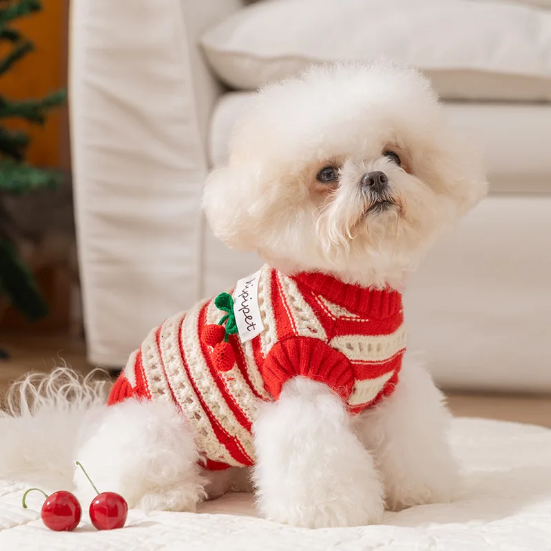 Ropa de invierno para perros, suéter para perros cereza, abrigo cálido de punto clásico para perros pequeños, ropa para cachorros de Chihuahua Bichon Yorkie, jersey para mascotas - imagen 4