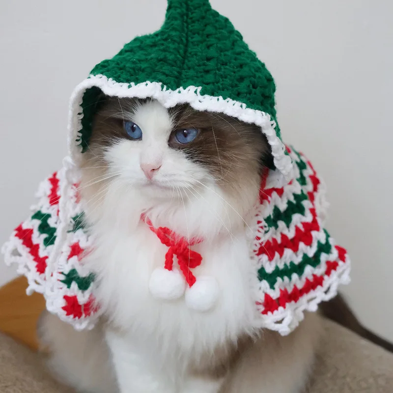 Mascota Otoño/Invierno Navidad chal tejido con capucha capa gato capa con capucha para calidez ropa para perros pequeños - imagen 2