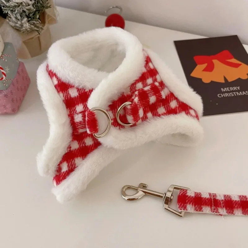 Arnés de perro de peluche rojo, conjunto de tracción a cuadros para mascotas, ropa para perros y gatos, chaleco, arneses de terciopelo grueso, abrigo de invierno de peluche de Navidad y Año Nuevo - imagen 2