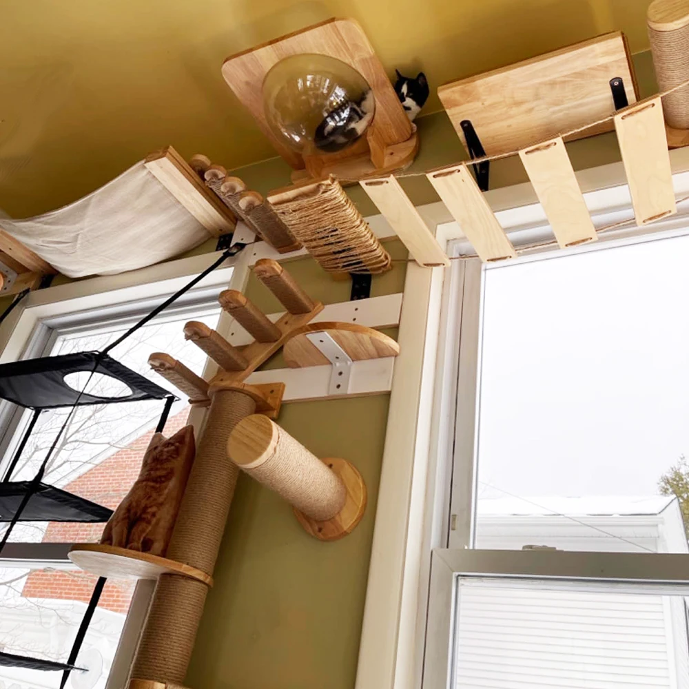 Soporte para gatos, plataforma para saltar, tablero para rascar gatos, hamaca para gatos montada en la pared, escalera de cuerda, muebles de pared de madera, accesorios para gatos - imagen 5