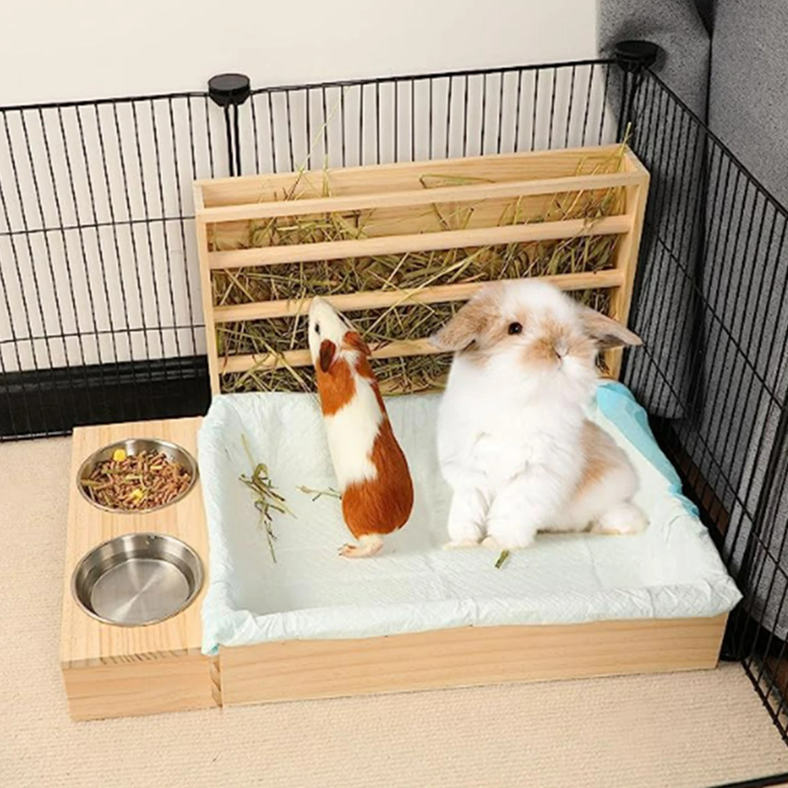Alimentador de conejo de madera con caja de arena, dispensador de comida para hámster, suministros de alimentación de Chinchilla para animales pequeños
