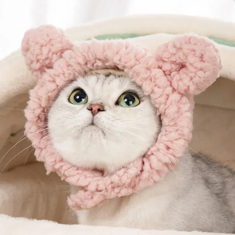 Gorro cálido y bonito para gato, gorro de oso de peluche corto y suave y cómodo para gato, cachorro, perro, disfraz de Cosplay, accesorios para mascotas, rosa, blanco y marrón - imagen 2
