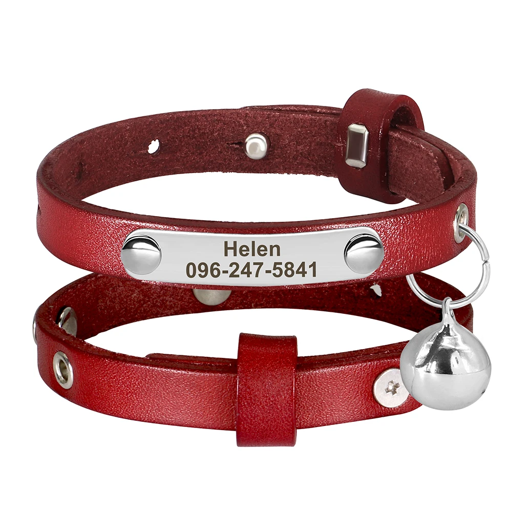 Collar de cuero personalizado para gatos, Collar ajustable colorido para cachorros y gatitos, collares con nombre de identificación de gato grabado gratis, accesorios para gatos - imagen 2