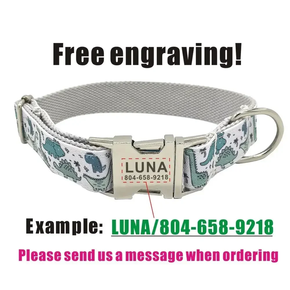 Collar personalizado de dinosaurio para mascotas, etiqueta de identificación con nombre de cachorro, collares básicos ajustables para perros de dibujos animados, grabado gratis - imagen 4