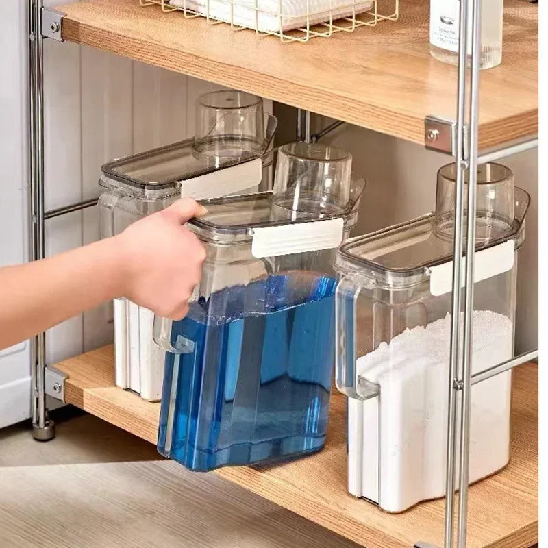 Dispensador de detergente para ropa recargable, caja de almacenamiento de polvo, suavizante de lavado transparente, contenedor de líquidos para almacenamiento de lejía con tapas
