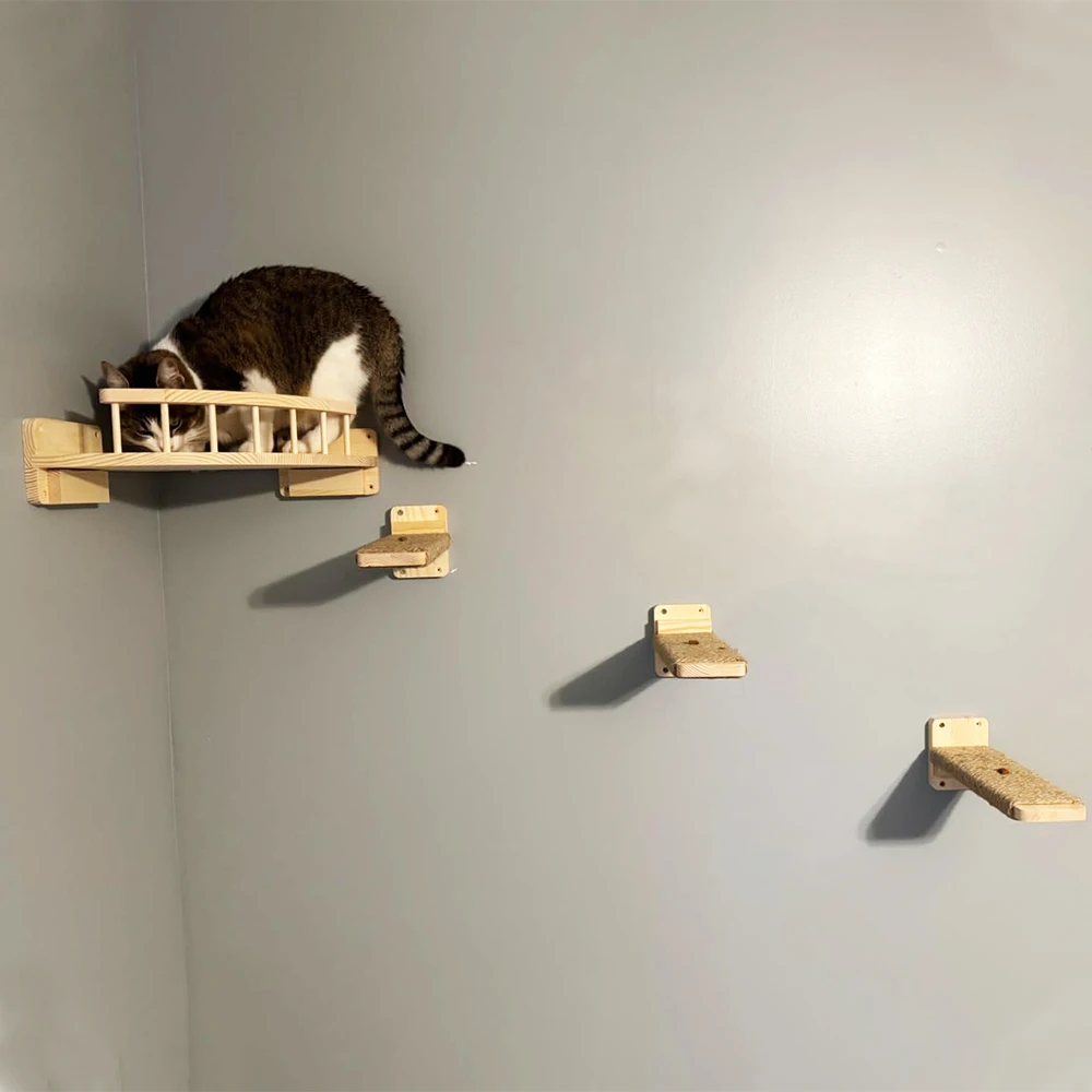 Pasos para gatos de Sisal montados en la pared con plataforma para gatos montada en la pared de fieltro, accesorios para muebles para mascotas de madera maciza - imagen 4